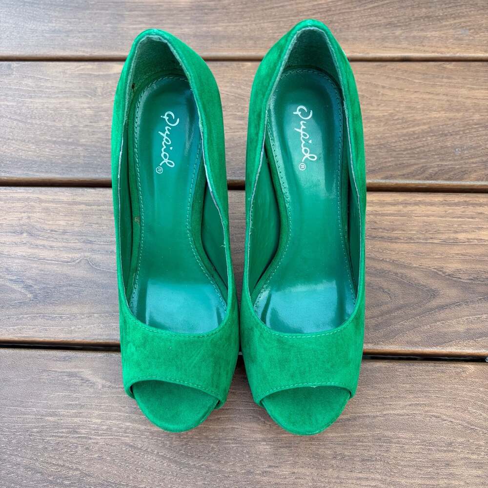 New Y2K Qupid Peep Toe Platform Stiletto Faux Suede Pumps Green Size 8.5 - Picture 5 of 13